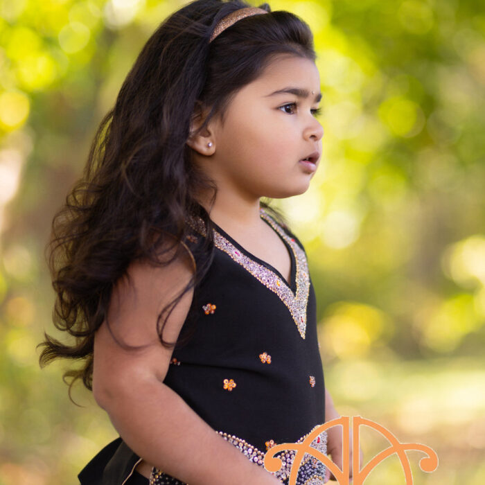 Four-year-old girl in a black traditional dress photographed outdoors during a fall child portrait session