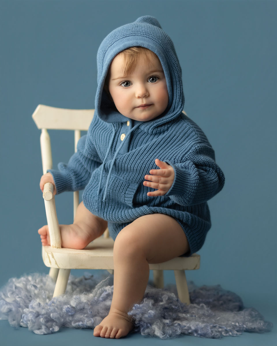 One year old baby in a blue knit outfit sitting on a chair during a milestone photography session at Alternate Angles Photography in Norwood MA