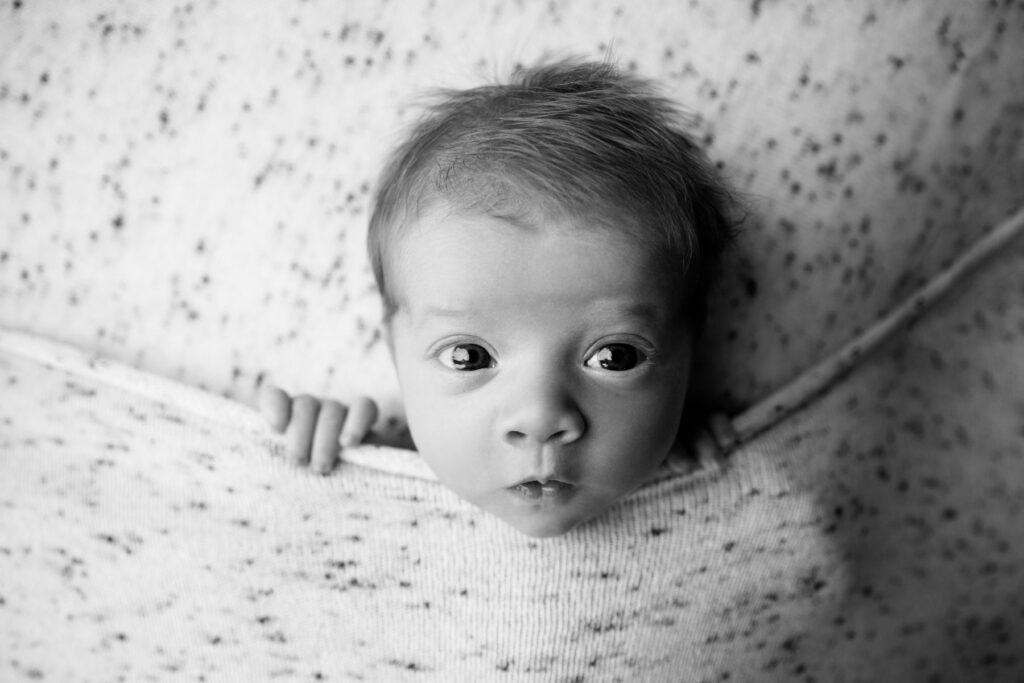 Black and white portrait of awake newborn baby with wide eyes during studio photography session