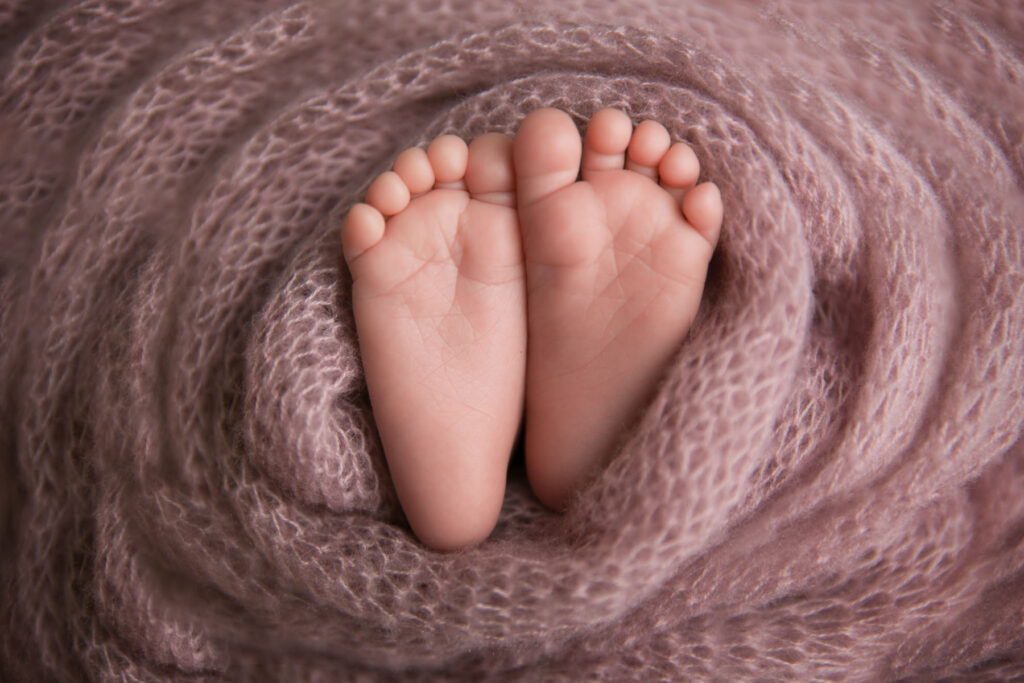 Close-up detail portrait of tiny newborn feet wrapped in a soft pink blanket