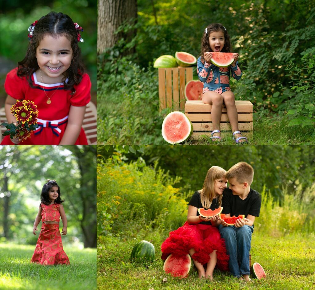 Collage of fun outdoor children’s portraits with flowers, watermelon and playful summer family photography moments