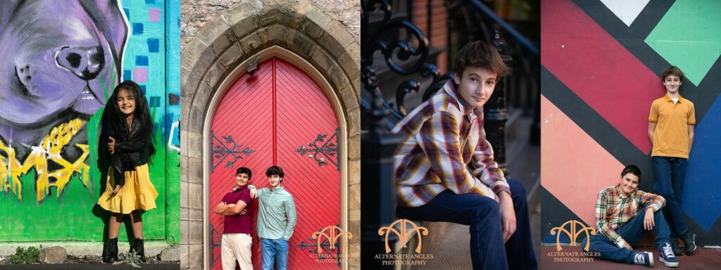 Collage of outdoor portraits of older children and teens showcasing the Watch Me Grow annual photography plan from Alternate Angles Photography