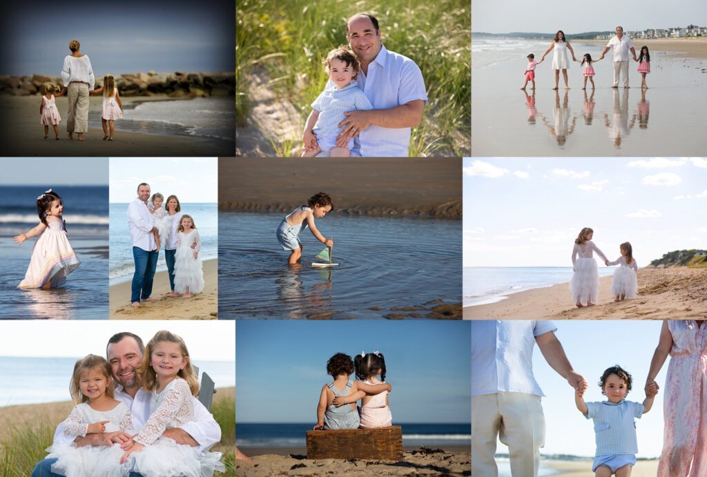 Collage of on-location beach family portraits by Alternate Angles Photography featuring children and families on the beaches of Maine and Cape Cod