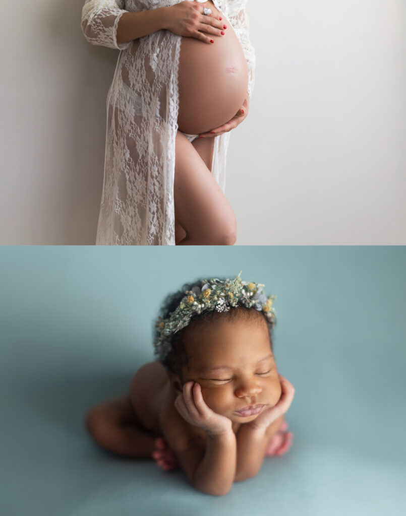 Boston maternity and newborn photography bundle featuring a pregnant mother and sleeping newborn baby photographed in Norwood MA