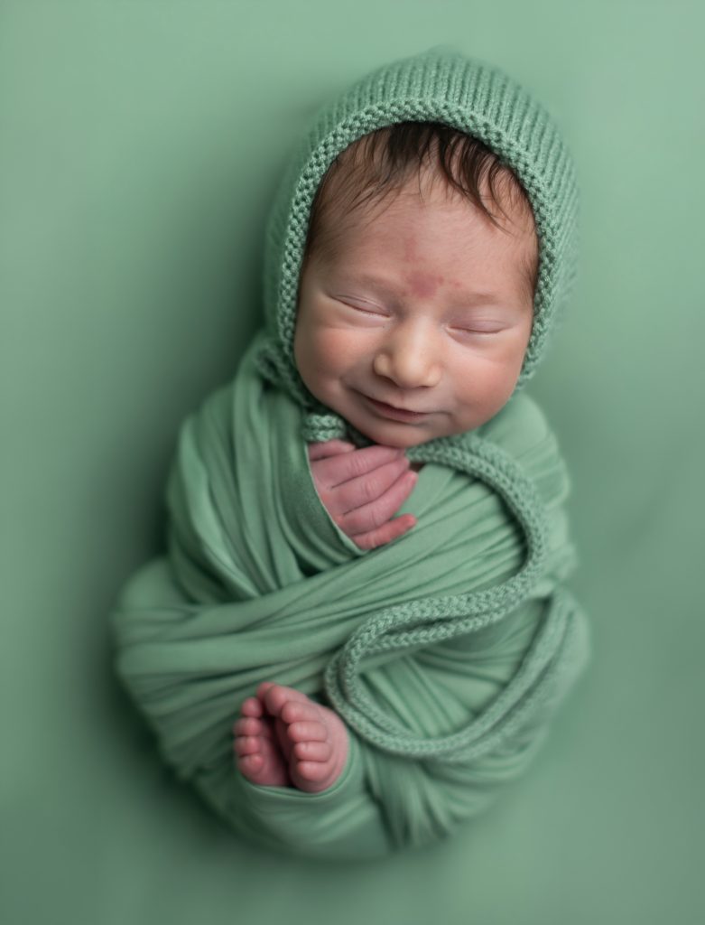 Newborn baby swaddled in green with matching knit bonnet during newborn photos